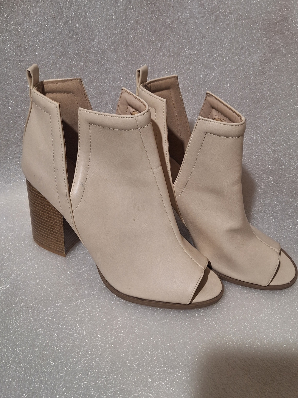 Beige Open-Toe Block Heel Ankle Boots - Women